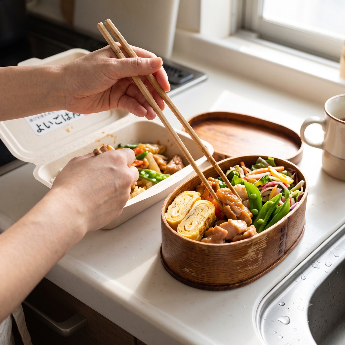 朝、お弁当箱に詰める手元